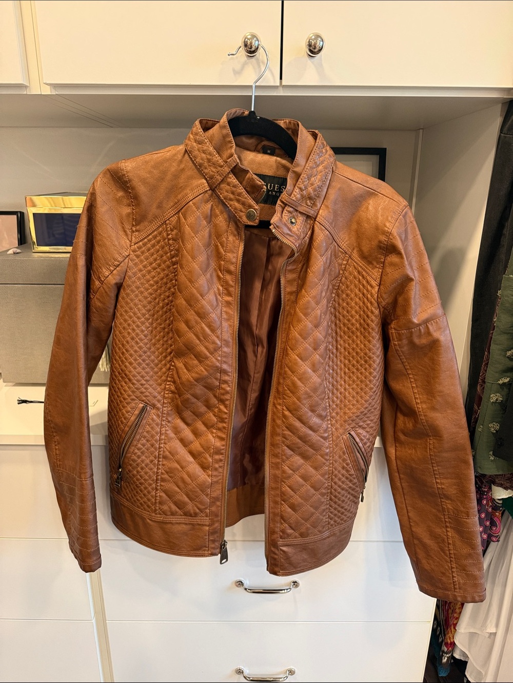 Guess women's Quilted Faux Leather Bomber Jacket - Tan